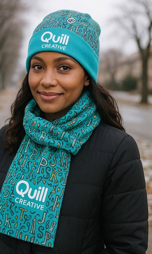Woman wearing a teal branded beanie and scarf with a custom printed pattern