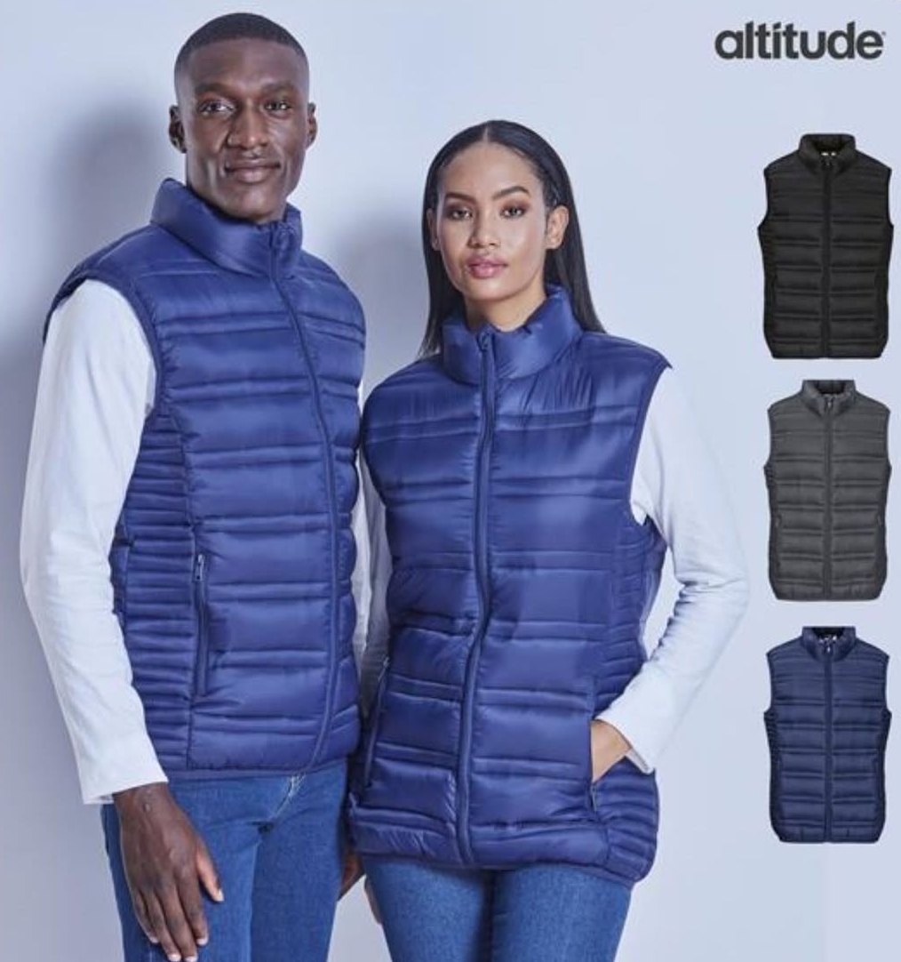 Two people wearing navy padded bodywarmers, with black, grey and navy versions shown alongside