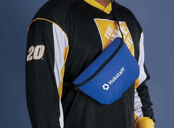 Blue branded belt bag worn across the body