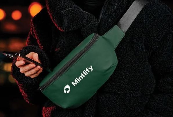 Dark green branded belt bag with a white logo