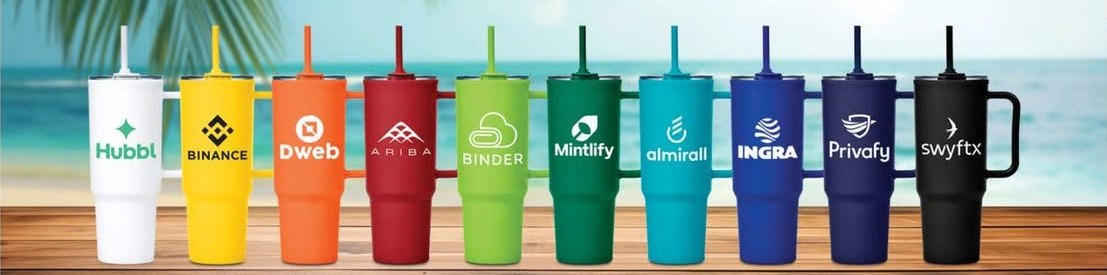 Row of large double-wall mugs in ten colours, each printed with a different company logo