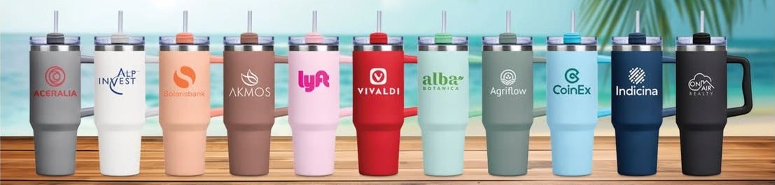 Row of stainless steel vacuum mugs in different colours, each with a different logo