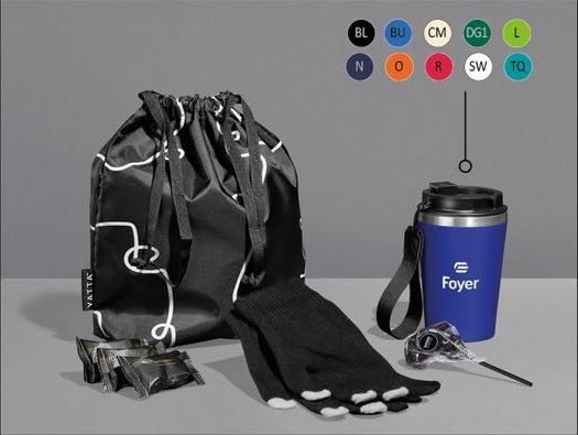 Gift hamper with a drawstring bag, insulated cup, gloves and sweets