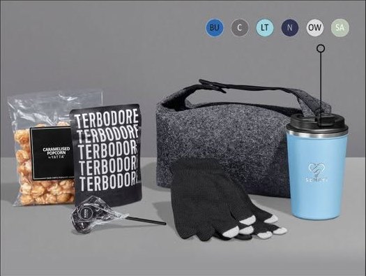 Gift hamper with a felt bag, travel cup, gloves and popcorn