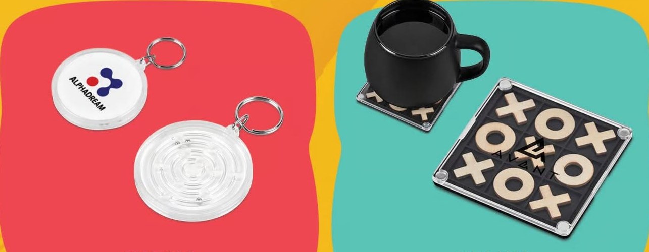 Puzzle keyholder and a tic-tac-toe game coaster shown as branded giveaways