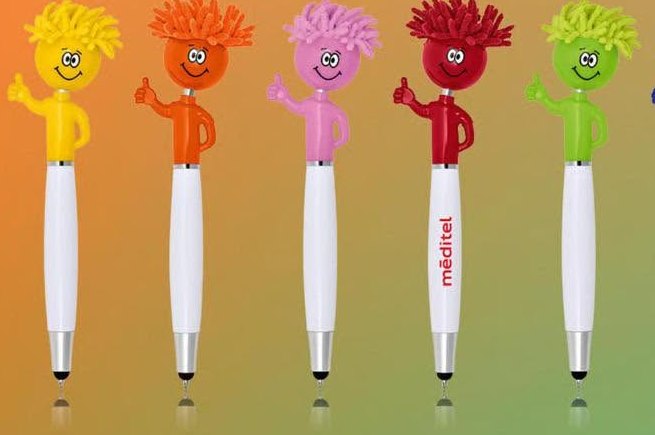 Row of colourful novelty pens with thumbs-up figures, one printed with a company logo
