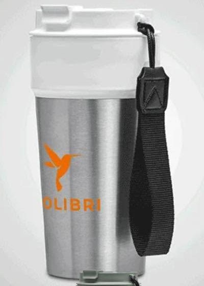 Stainless steel travel mug with a wrist strap and an orange printed logo